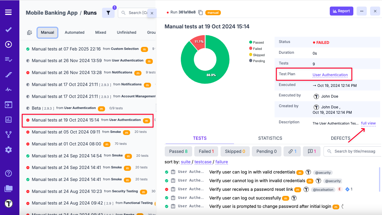 Testomat.io - Test Plan Description Full View - Runs